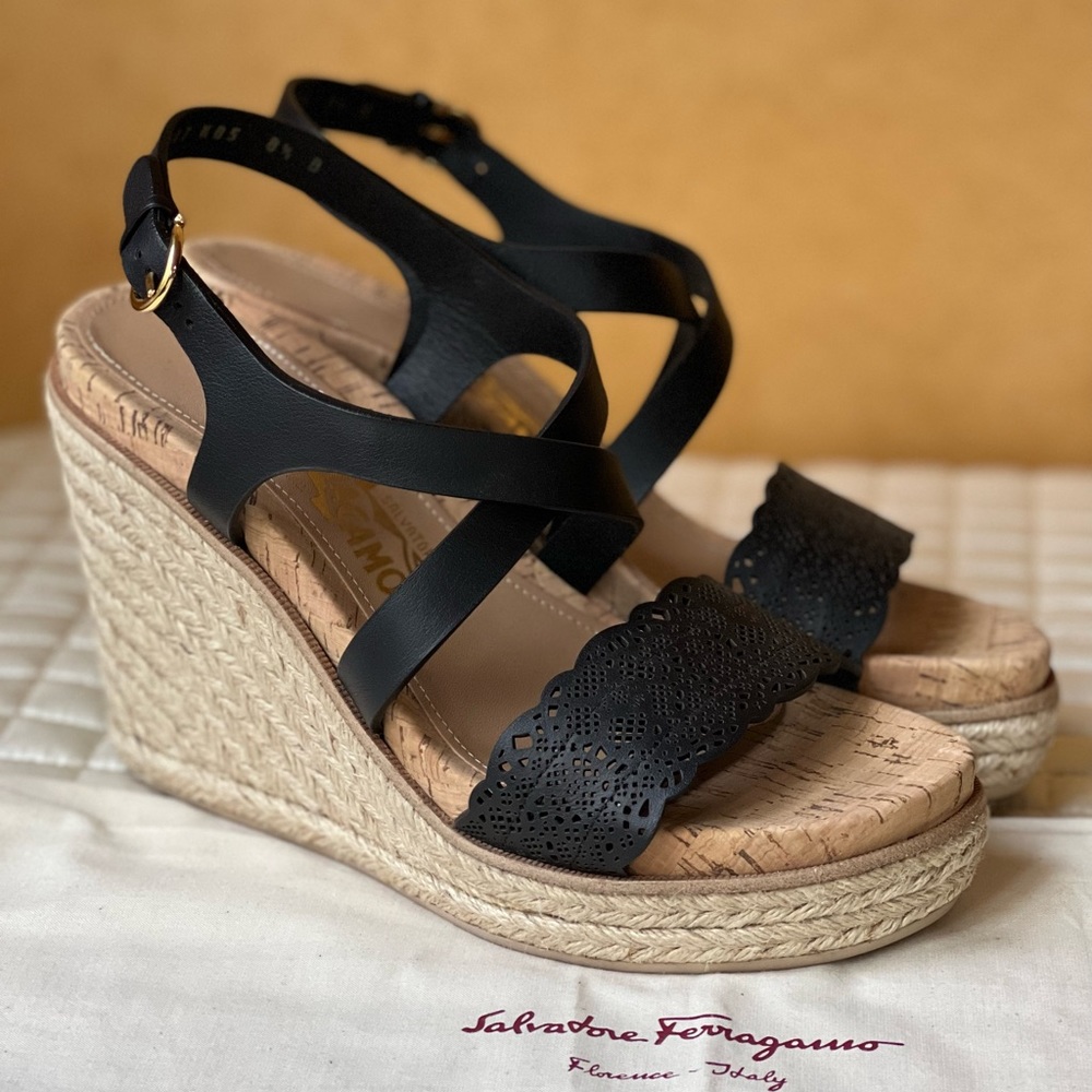 Salvatore Ferragamo Open Toe Leather Platform & Wedge Sandals